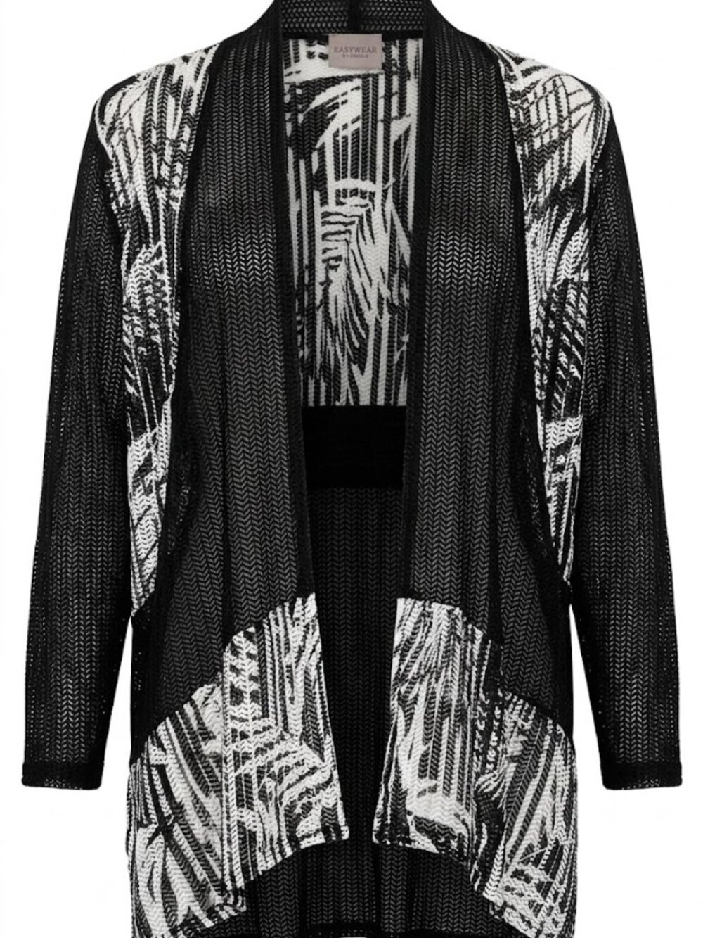 CHICOS Easywear Cardigan M Medium Black White Knit Open Front Palm Print Knit